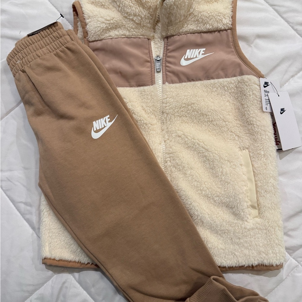 Nike Cream Sherpa Vest with Tan Joggers - Kids